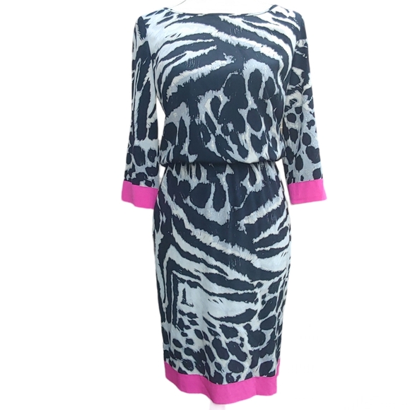 St. John Sheath Dress Animal Print Pink Accents Silk Spandex Size 2 Back Zip - Picture 1 of 10